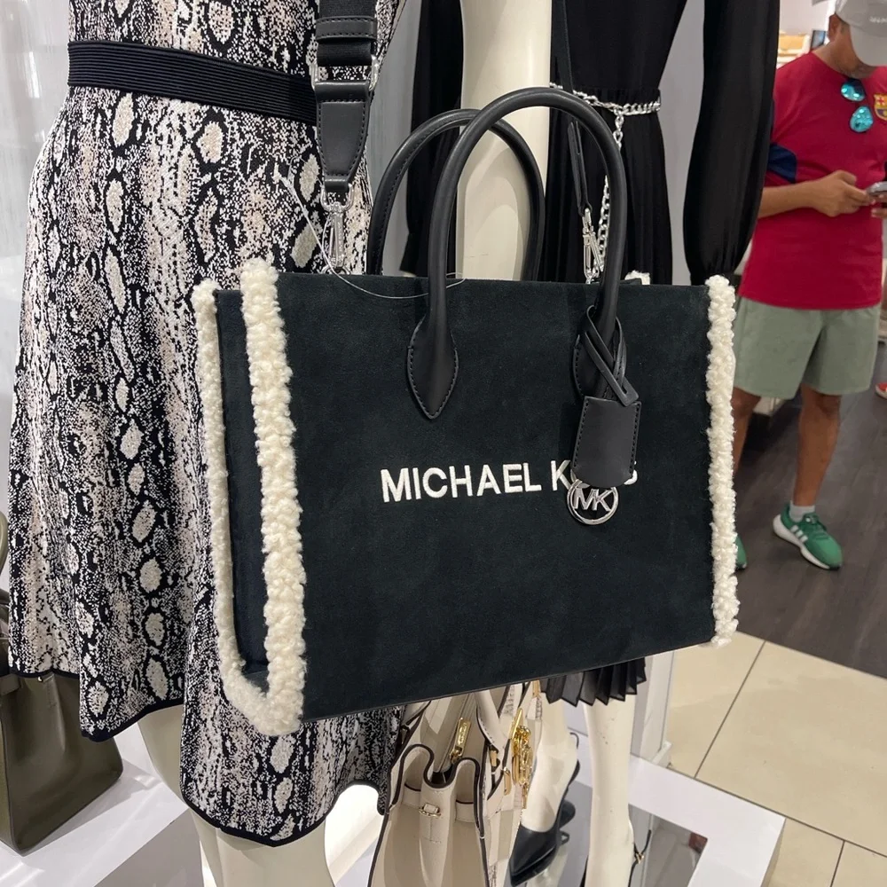 MICHAEL KORS Mirella Medium Suede and Faux Shearling Tote Bag Black  NWT
